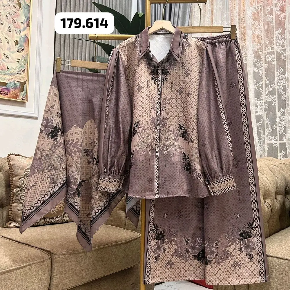 oneset cotton silky motif setcel dan setrok Setelan Wanita Muslim set Celana Jilbab
