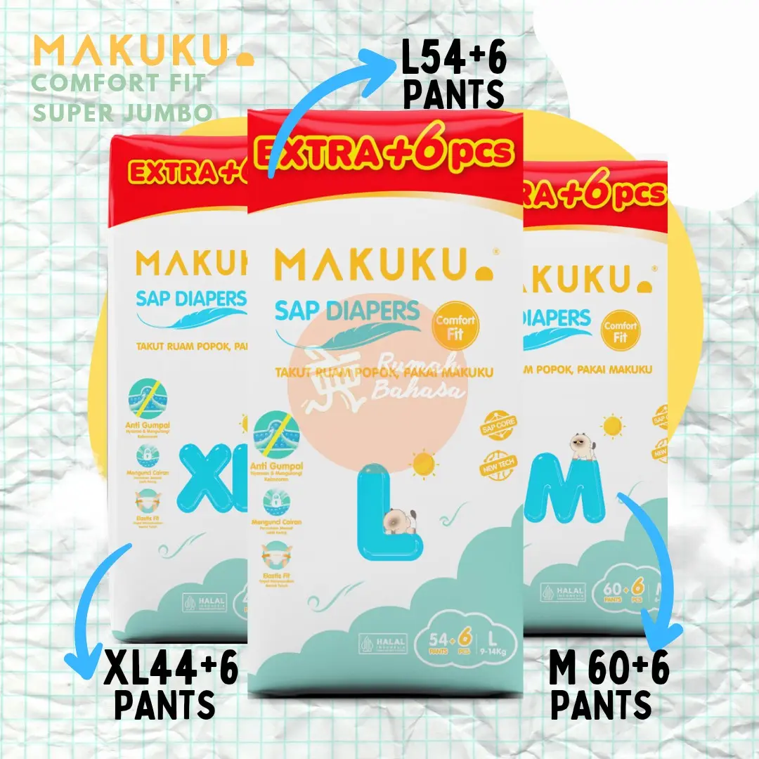 MAKUKU COMFORT FIT M60+6, L54+6, XL44+6 type celana (EXTRA ISI) Bayi