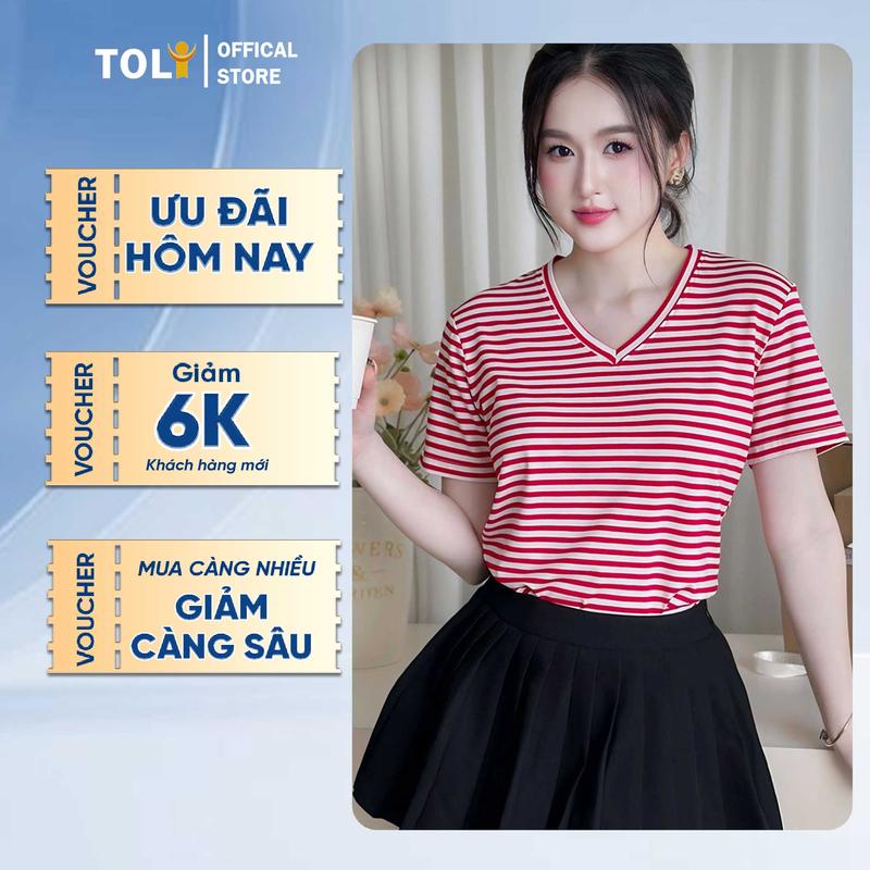 Áo Thun Sọc Ngang Cổ Tim Nữ TOLI SA16 – Form Suông Vừa Vặn, Cotton Mềm Mịn, 6 Màu Cực Xinh