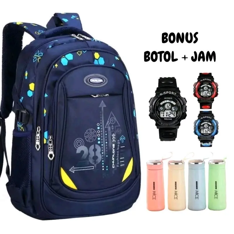Tas ransel anak sekolah SD motif astronot gratis botol dan jam Fashion dapat diperluas jalan 4