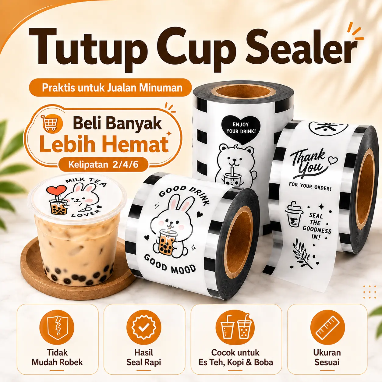 Tutup Cup Sealer Lid [Isi 2000] ISI 2 Rolls/4 Rolls/6 Rolls/Cup Sealer Lid Plastik Premium Roll | Tutup Segel Gelas Kopi Teh | 2000 pcs
