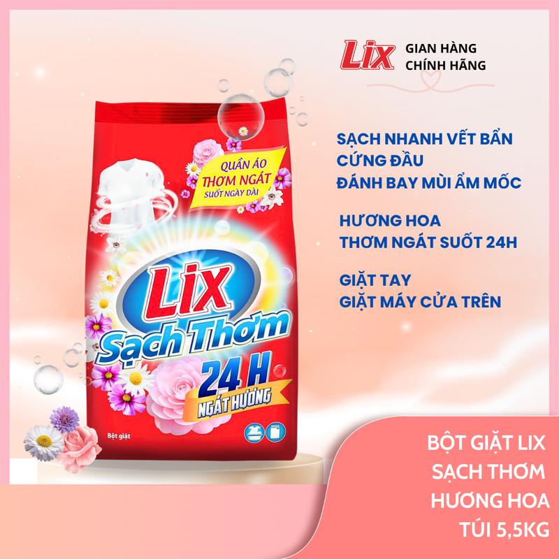 Bột giặt Lix Sạch Thơm hương hoa 5,5kg ES550 tăng gấp đôi sức mạnh giặt tẩy, xàphòng làm Sạch, dùng cho giặtquầnáo tay, giặt máy - Lixco Việt Nam