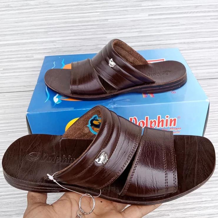 KOLEKSI BARU - Sandal Slop Pria Dolphin D-05 - Sandal Slide Bahan Kulit -  Coklat 3