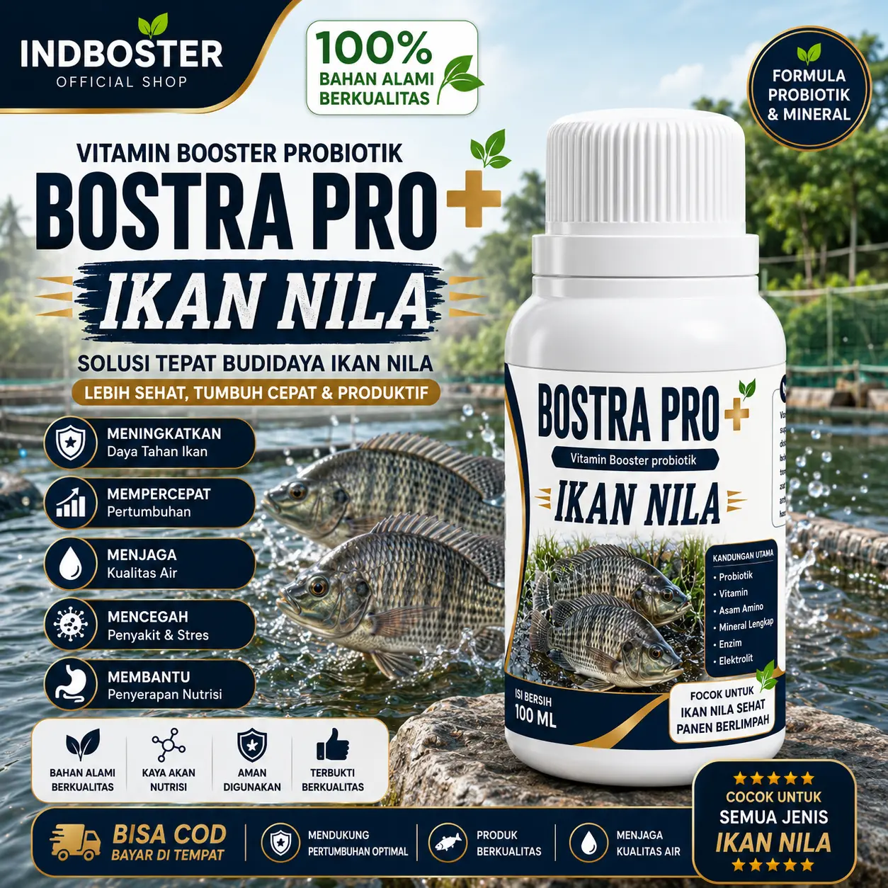 BOSTRA PRO+ Nila | Vitamin Booster Probiotik Ikan Nila Penggemuk Penambah Nafsu Makan Meningkatkan Daya Tahan Cepat Besar `100ml