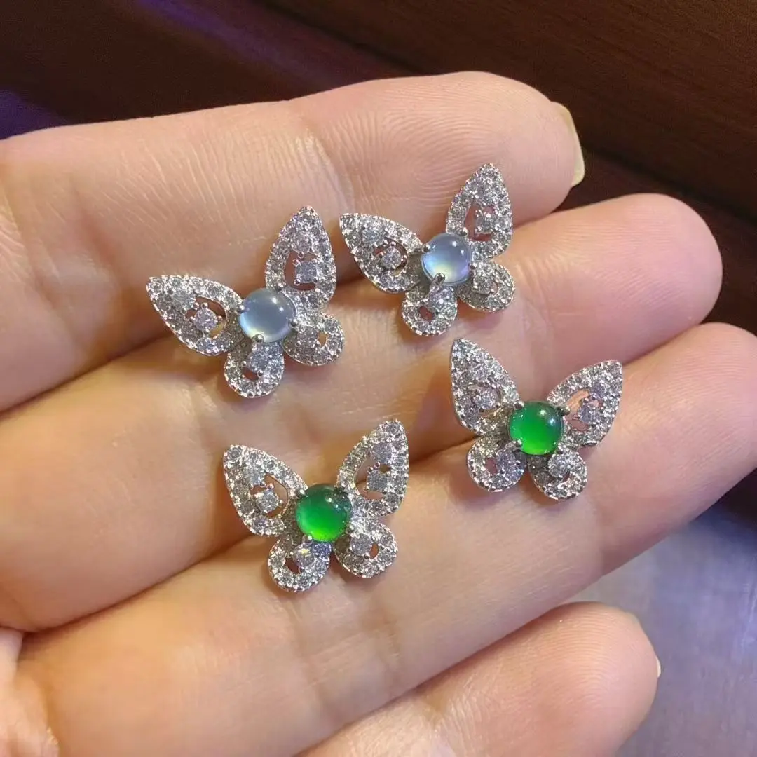 Anting Kupu-Kupu Giok Jadeite Guatemala Grade A Dengan Tatahan Perak 925 dan Zirkonia