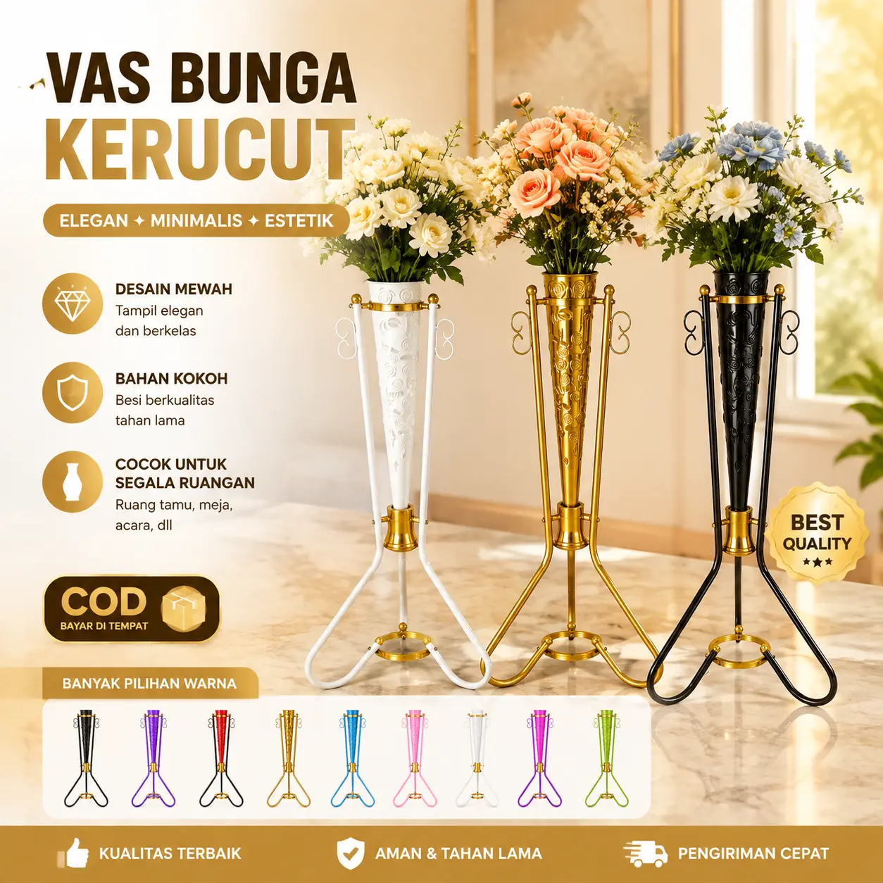 COD Vas Bunga Kerucut Segitiga Standing Kaki Besi Hias Sudut Ruangan Dekorasi Rumah & Wedding Cantik
