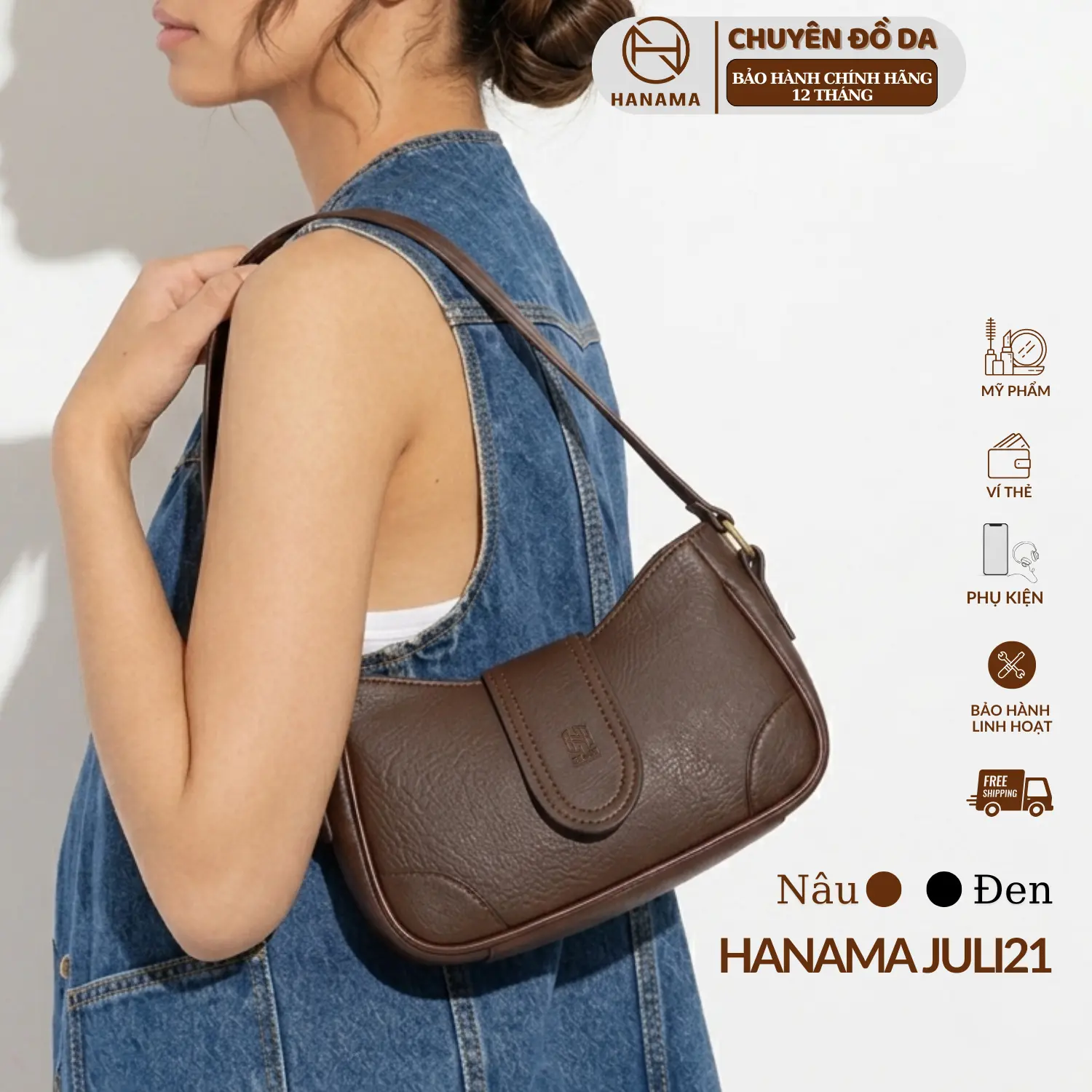 [DAILY_HANAMA]_Túi xách nữ đeo vai thiết kế cao cấp Hanama Juli21 Da Bag Đen - Nâu