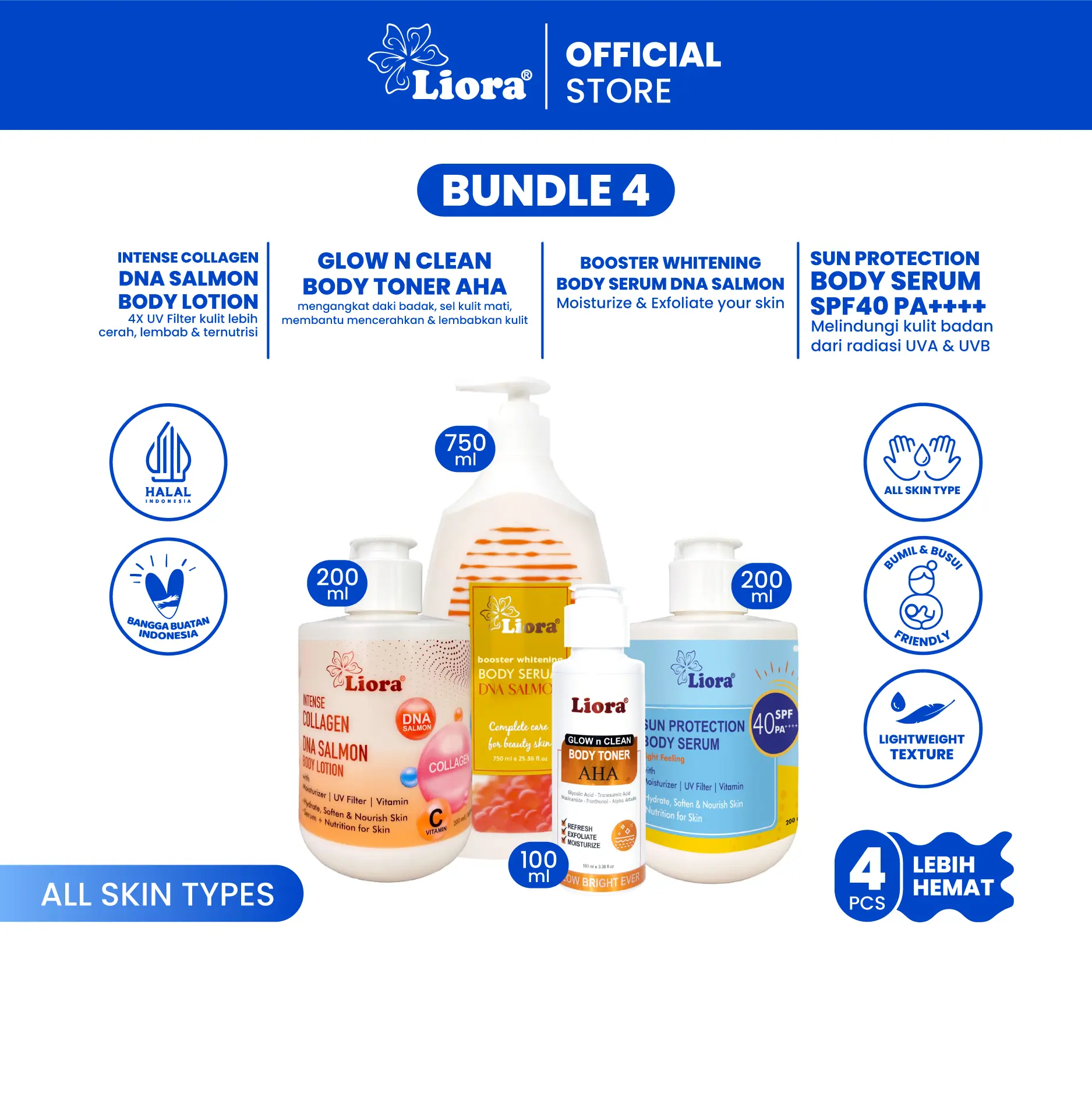 [Paket Hemat 4PCS] LIORA Booster Whitening Body Serum DNA Salmon 750ml + Intense Collagen 200ML+ Sun Protection 40 SPF PA ++++ 200ml + Glow and Clean Body Toner AHA 100ml | Paket Perawatan mencerahkan badan Body serum dan lotion Whitening | Bpom Halal