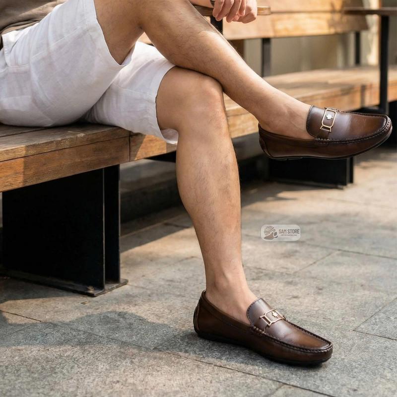  Giày Lười Da Nam Đế Bằng- Giày Moca Họa Tiết Lá Phong Kim Loại Cao Cấp- Màu Patina Cực Sang 