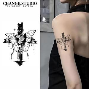 Hình Xăm Tạm Thời, Thiết Kế Hình Xăm Chữ Thập Hoa Hồng Bướm, Kéo Dài Trong 15 Ngày, Không Thấm Nước, Không Lo Bị Ma Sát, Bao Gồm Miếng Dán Hình Xăm