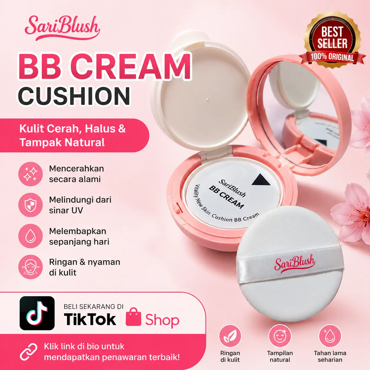 [NEW BB CUSHION] SariBlush BB Cream Cushion - Hasil Dewy Natural , Tahan Lama Seharian Ringan & Anti Cakey | 3 Shade Wajib Punya!MAKEUP GAMPANG & NATURAL!