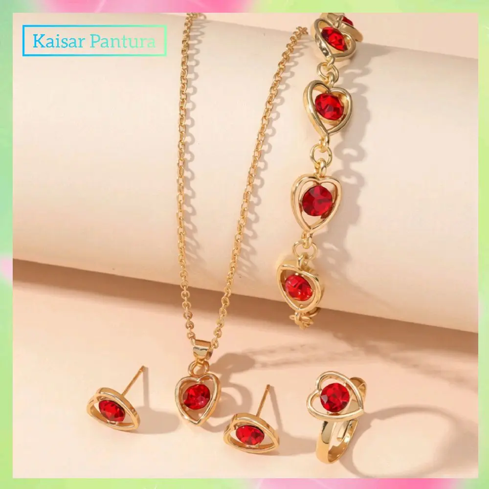 Set Perhiasan Luxury Heart Ruby Titanium Alloy 4in1 Elegan & Mewah dengan Desain Hati Merah Mewah gelang cincin satu