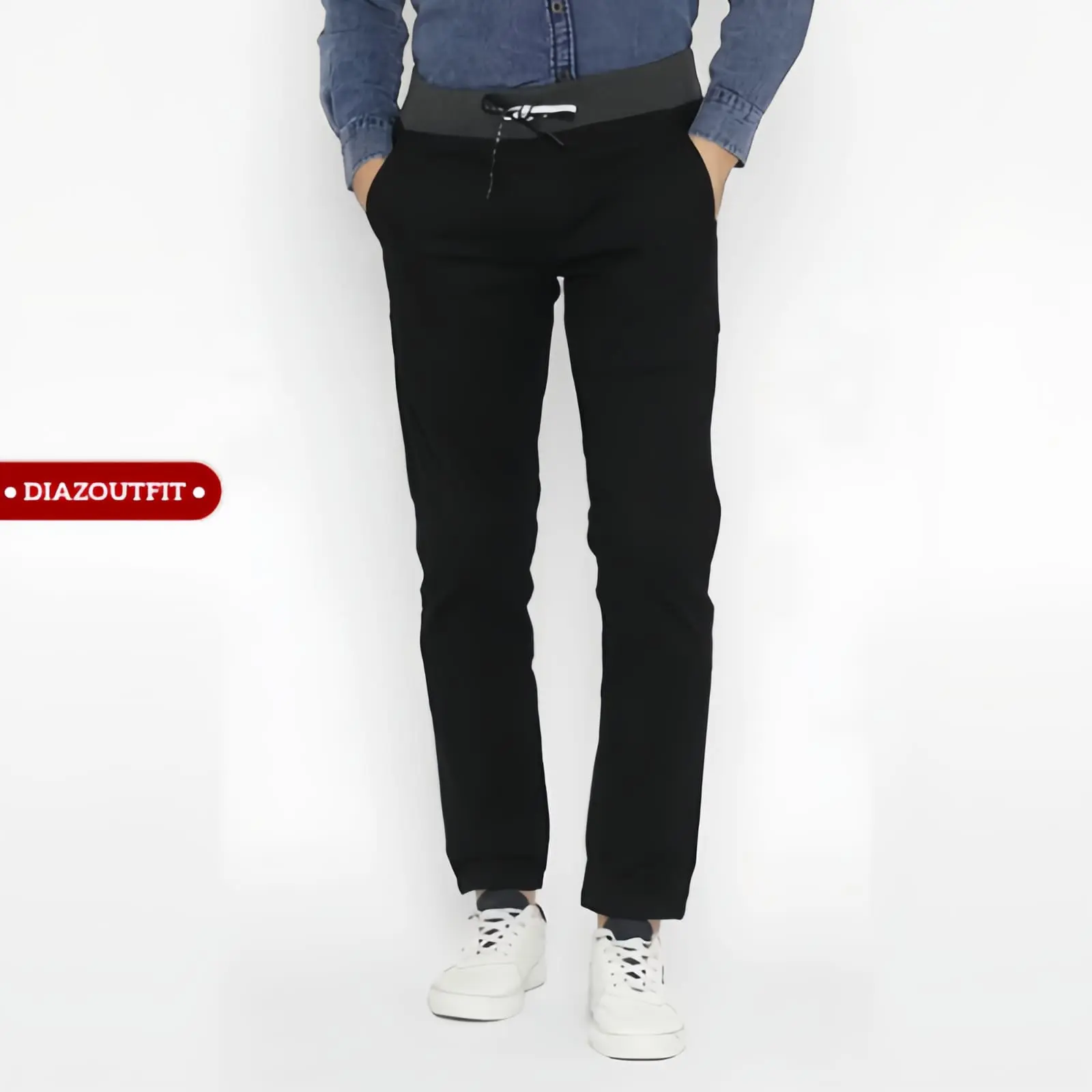 Diazoutfit - Celana Panjang Pria Pinggang Rip Kerja kantor Santai Liburan Cowok Gentleman Boy Skinnyhtytth Kain Katun Chino Melar Stretch Slim Fit Hitam Cream