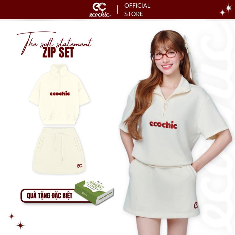 Set váy Khoá Kéo ECOCHIC Set Đồ Hè Áo Cổ Khoá Kéo Chân Váy Ngắn Logo Cao Cấp Chất Liệu Thoáng Mát Thoải Mãi Dễ Vận Động B169