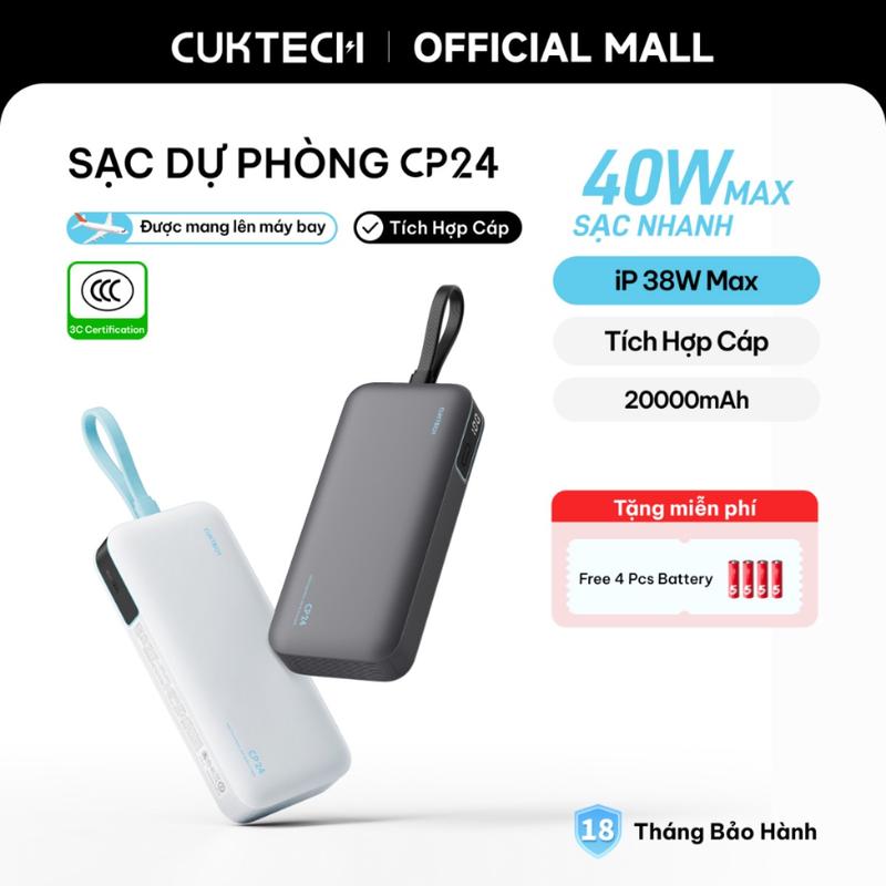 CUKTECH Pin Dự Phòng 20000mAh Sạc Nhanh 40W Tích Hợp Dây, Hỗ Trợ iP 38W / Xiaomi 33W CP24 Powe