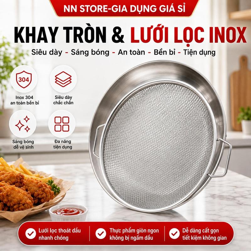 Khay Inox 304 Kèm Lưới Lọc Dầu Tròn Đa Năng - Khay Ráo Dầu Chiên Rán Thực Phẩm, Dùng Cho Nồi Chiên Không Dầu Dễ Vệ Sinh-NN STORE