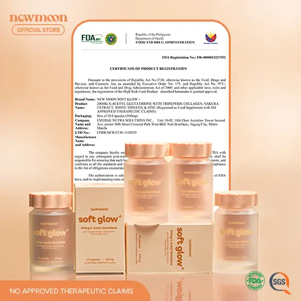 NEW MOON Brightening S-Acetyl Glutathione Supplement 60 Capsules with  Collagen & Vitamin C | Soft Glow+