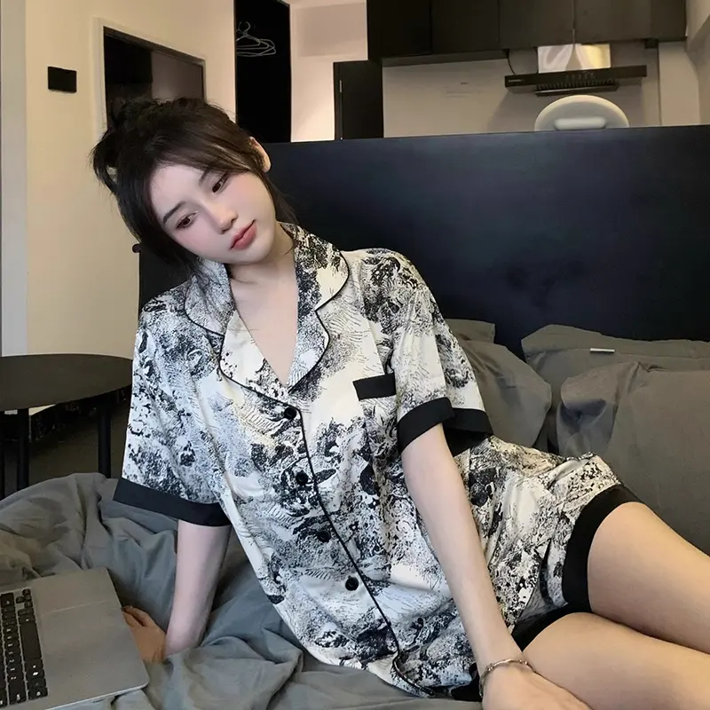 Pajama women summer thin cardigan ink print loose short sleeve shorts casual home wear set
