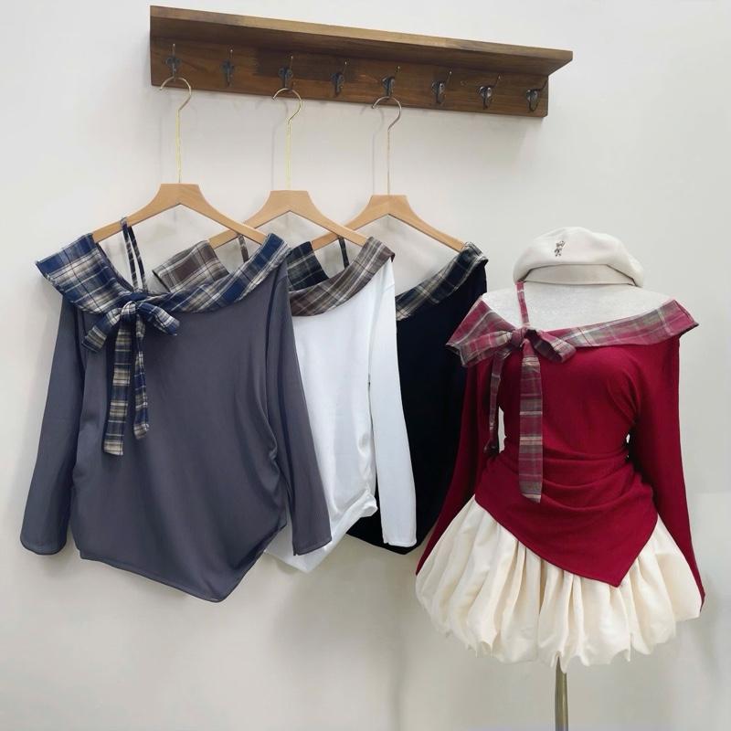  SÉT KIỂU ĐI CHƠI XINH  CÓ LẺ ÁO VÁY  bigsize nữ áo trễ vai tay dài vải tăm lạnh phối caro thô kèm chân váy bí  có quần bảo hộ  - A333+CV413 