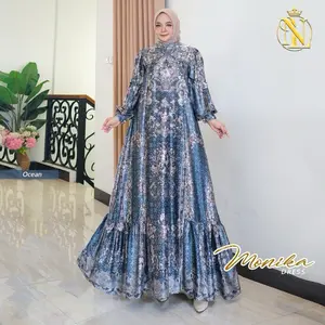 Nalafashion Monika Dress Bahan Armanny Silk Motif Bunga Lengan Balon Pergelangan Tangan Kancing Panjang Ruffle di Bawah Busui Friendly