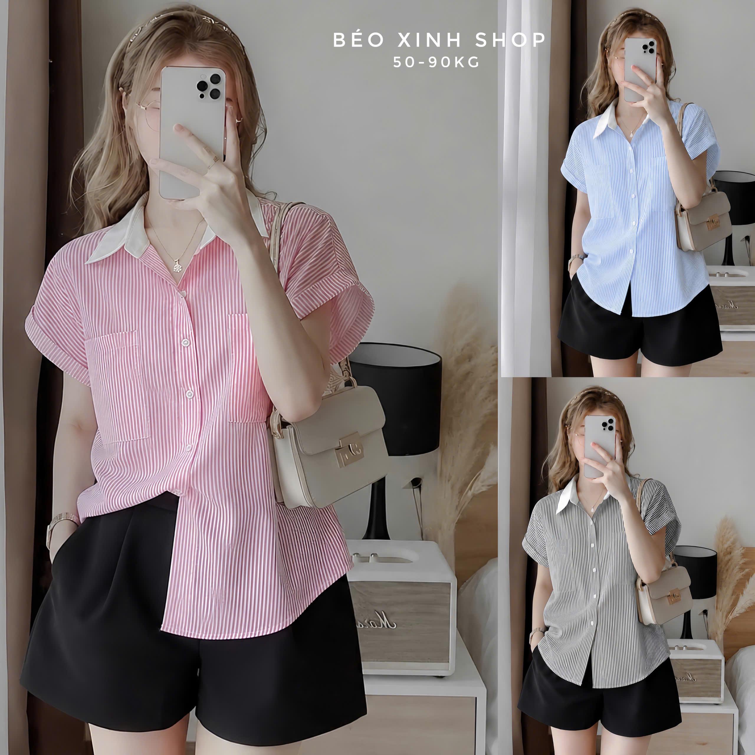 Sơ Mi Nữ Bigsize Sọc Nhí Tay Ngắn, Form Rộng Nhẹ Tôn Dáng 50–90kg Có Bigsize - B.1878
