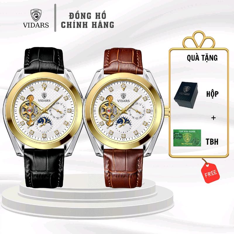   VIDARS STORE  Đồng Hồ Cơ Nam VIDARS 5 Kim Có Bộ Lịch Ngày Đêm Cọc Số Đính Đá Mặt Kính Khoáng Dây Da Chống Nước 3ATM Chính Hãng Cao Cấp Hàng Hiệu Xịn Thời Trang Nam Đẹp Nam Xịn 2025 Đồng Nam Hồ Đẹp Chụp Kỷ Yếu Nam Thể Thao Sport Đồng Hồ Size 40mm 