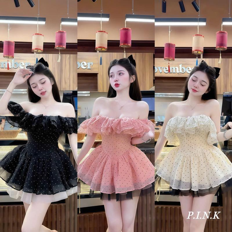  Đầm váy nữ trễ vai chát voan tơ chấm bi 3 lớp mooking sau   kèm quần rời   có thể mặc được 2 kiểu sang chảnh xinh xắn dễ thương phù hợp cho các nàng mặc đi tiệc đi chơi 