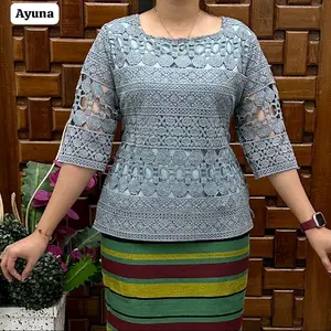 Blus brokat bordir premium Resleting belakang, lapis katun.