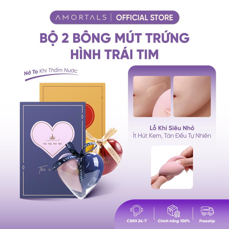 Bộ 2 Mút Trứng Trang Điểm Heart's Bliss Amortals Mút Đánh Nền Siêu Mềm Mịn Đàn Hồi Cao Không Hút Phấn Lớp Nền Mỏng Nhẹ Trong Suốt Tạo Độ Ẩm Tự Nhiên Dùng Khô Ướt Dùng Với Kem Nền Phấn Phù Hợp Người Mới Makeup Artist Kèm Hợp Đựng Bông Mút