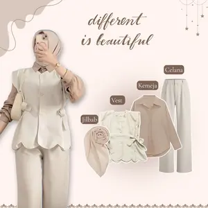 Setelan Wanita One Set 4in1 (Celana Kulot + Kemeja Basic + Vest + Jilbab Segi Empat) Nude Outfit HO78N