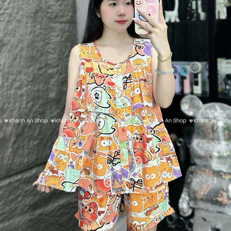 SA.Le KA124- Đồ Bộ Tole Lanh Nữ Mặc Nhà Áo Sát Cánh Tầng Quần Đùi Size 40-80kg Hoạ Tiết Hoa Hình