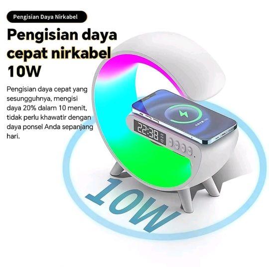 Speaker Bluetooth LED G-Lamp 360° dengan Alarm Clock dan Wireless Charger 10W Lampu Tidur RGB Berbagai Mode