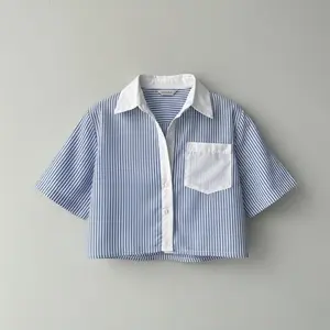 Kemeja Crop Stripe Anak Perempuan | Atasan Kekinian Bahan Katun Salur Untuk 5–16 Tahun Terbaru