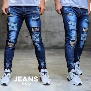Celana jeans panjang pria sobek ripped bordir emblem stretch full Denim melar softjeans Distro sobek emblem biksu skinny tebal nyaman lembut