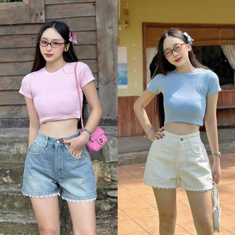 THE QUẠO - Quần Short Jeans Nữ Lưng Cao Dáng A Phối Ren S2706_718