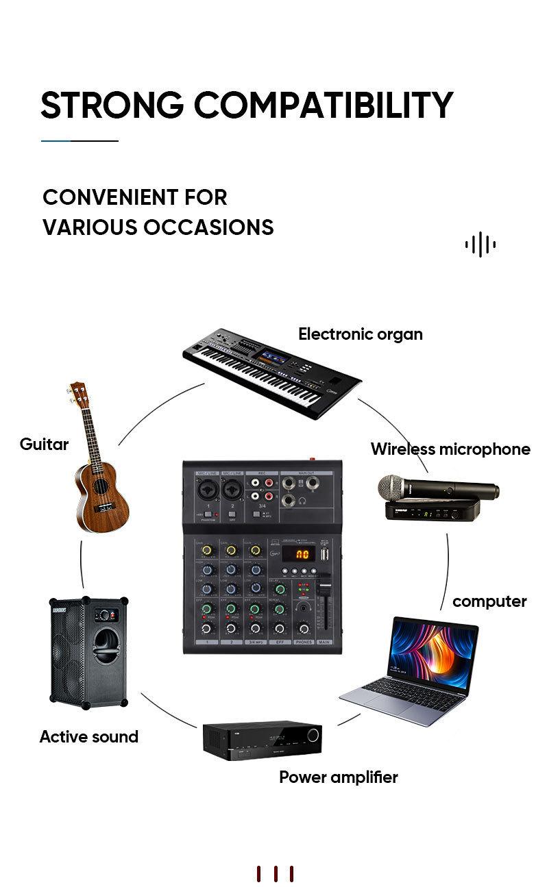 Product Introduction of LX01 4 kênh, chuyên nghiệp, nhỏ, bluetooth, máy trộn, với hiệu ứng âm vang, sử dụng tại nhà, karaoke, sân khấu, biểu diễn, đám cưới, hội nghị, bộ khuếch đại Mixer 12