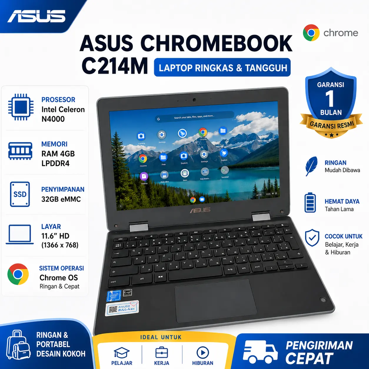 [Pre-owned]Laptop ASUS Chromebook Flip C214M Intel Celeron N4020 RAM 4GB eMMC 32GB Touchscreen 11.6 Inch 360° Cocok untuk Belajar