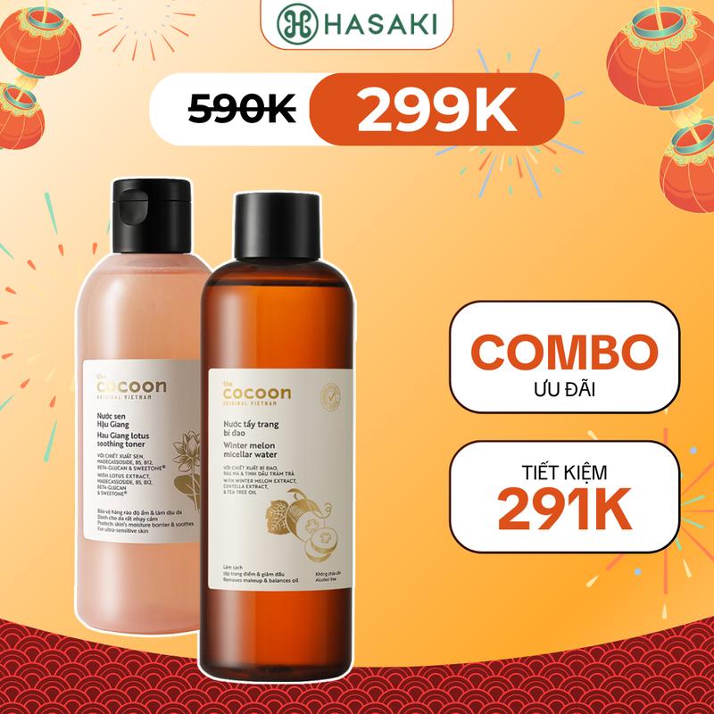 Combo Cocoon Nước Cân Bằng Sen Hậu Giang 310ml & Nước Tẩy Trang Bí Đao 500ml Hau Giang Lotus Soothing Toner + Winter Melon Micellar Water | HASAKI BEAUTY