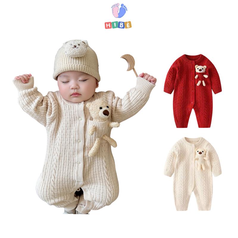   TẶNG GẤU  JumpSuit thu đông 3-11Kg Hi.Bé body len thừng cho bé trai bé gái JS040 