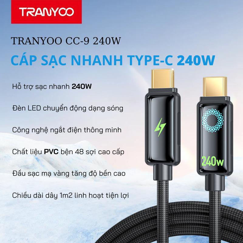   LIVESTREAM  Cáp Sạc Nhanh 240W Tranyoo CC-9 Type-C Tự Động Ngắt Sạc Dây Bện 1.2m Chip E-Marker Đèn LED chuyển màu Hợp Kim Kẽm Siêu Bền cáp type c cáp sạc nhanh 