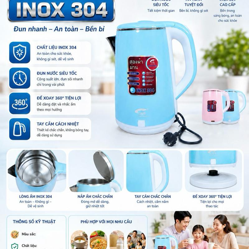Jiplai Ấm Siêu Tốc Thái Lan 2.5L Đun Sôi Nhanh 5 Phút Bền Bỉ Dung Tích 2.5L Phù Hợp Gia Đình