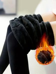 レディース 秋冬 フリース裏地 ノーフット レギンス、厚手で暖かいスリミング一体型パンツ、女性用アウターウェア 防寒ソックス