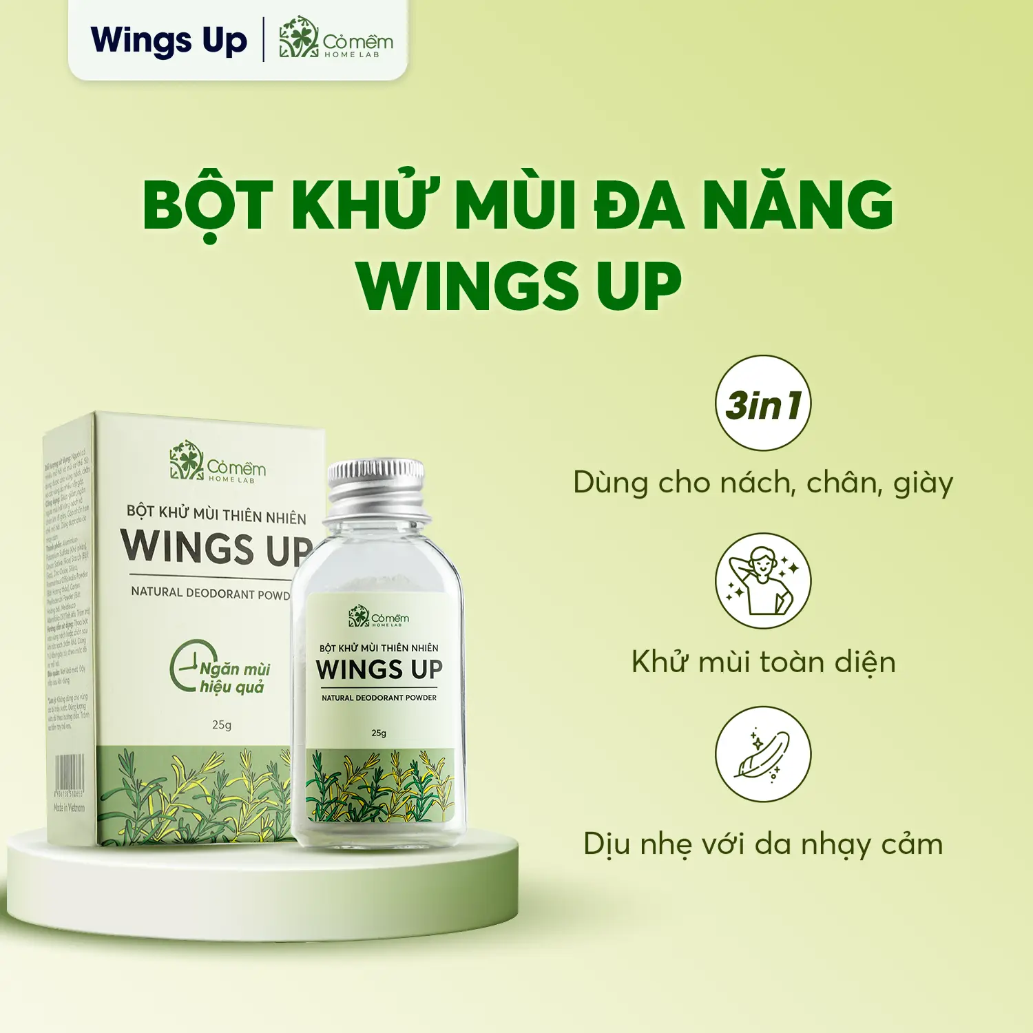 Bột Khử Mùi Wings Up Cỏ Mềm, Khử Mùi Hôi Nách Hôi Chân, Mùi Cơ Thể, Khô Thoáng Giảm Mồ Hôi, Dùng được cho mẹ bầu, mẹ sau sinh, tuổi dậy thì 25g