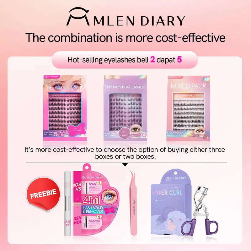 【BELI 1 DAPAT 5 】MLEN DIARY Bulu Mata Set Kombinasi Bulu Mata Terlaris, Paket Hadiah Diskon, Sunflower,Baby Comic,3IN1Bulu Mata lash bond dan remover+penjepit bulu mata 4
