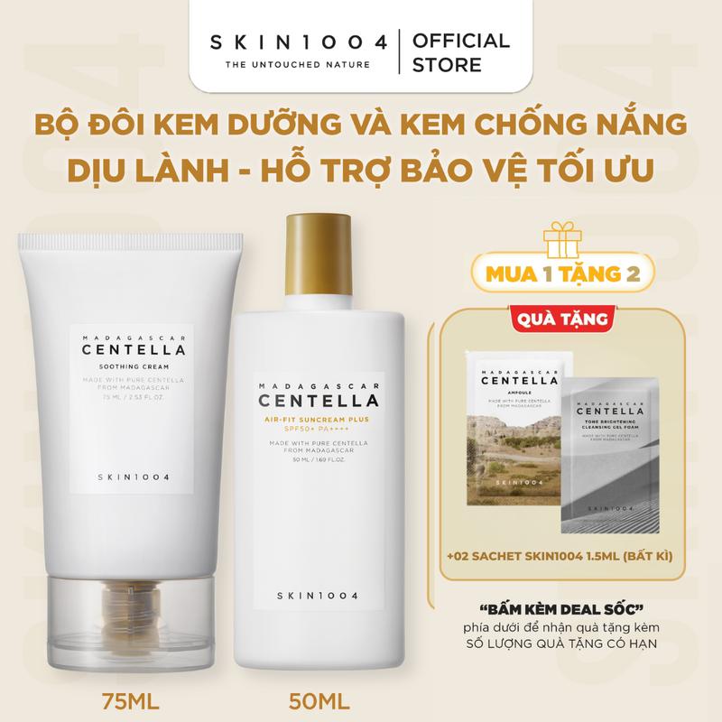 [LS][Tặng 2 sachets 1.5ml bất kì] SKIN1004 Combo Dịu Da Chống Nắng Kem Dưỡng Soothing Cream 75ml+ Kem Chống Nắng Air-fit Suncream 50ml