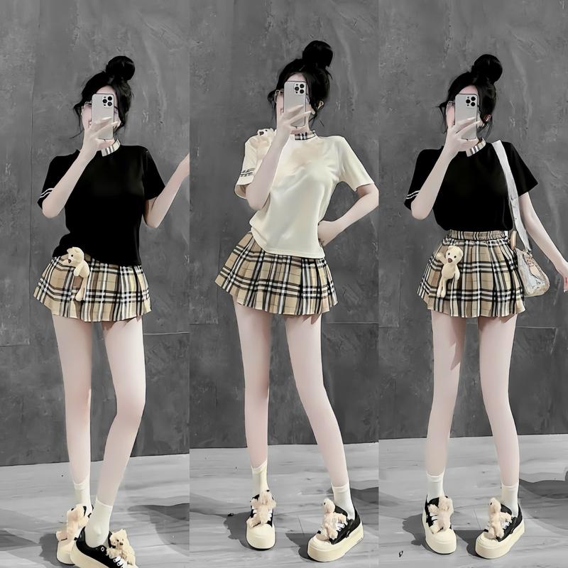 Set áo thun tay ngắn phối viền chất thun tăm mix với chân váy kẻ sọc xếp li kate nỉ (Có Gấu ) xinh xắn duyên dáng dễ thương cho nữ mặc đi chơi