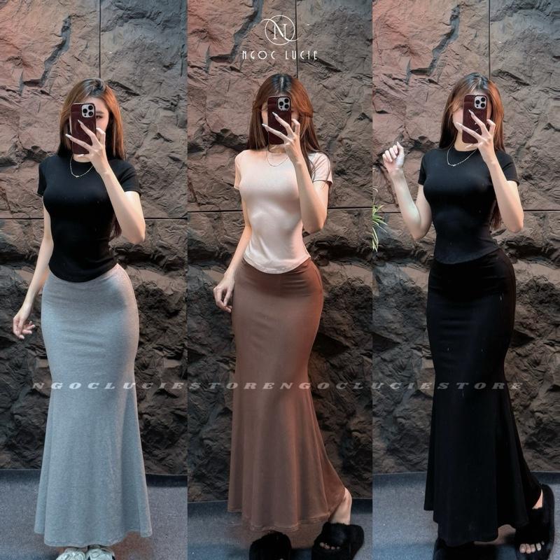 H11 (CÓ TÁCH SET) - Áo Body Cổ Tròn Tay Con & Chân Váy Đuôi Cá Lưng Chun Co Dãn Vải Bozip - Ngọc Lucie