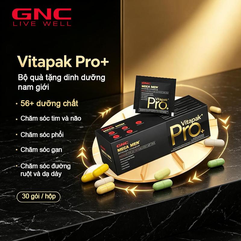 GNC Mega Men Vitapak Pro – viên uống đa vitamin cho nam giới, giúp tăng cường chức năng tình dục nam, bộ gồm 30 gói; chứa Vitamin & khoáng chất + dầu cá + lợi khuẩn; thực phẩm bổ sung dinh dưỡng hàng ngày dành cho nam giới