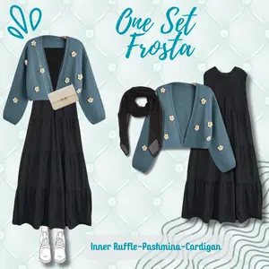 Setelan One Set Frosta Inner Ruffle-Pashmina-Cardigan Outfit Korean Style Bungan Denim Ootd Muslim BC49