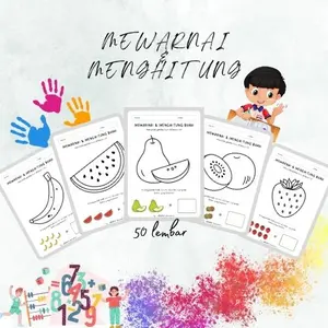 LEMBAR KERTAS MEWARNAI DAN MENGHITUNG untuk anak 50 lembar